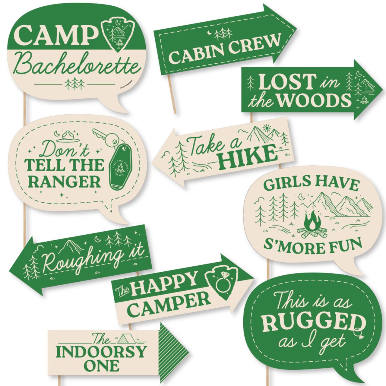Big Dot of Happiness Funny Camp Bachelorette Photo Props, Glamping Bachelorette Party Decorations, Cabin Crew Photo Booth Props Kit - 10 Piece